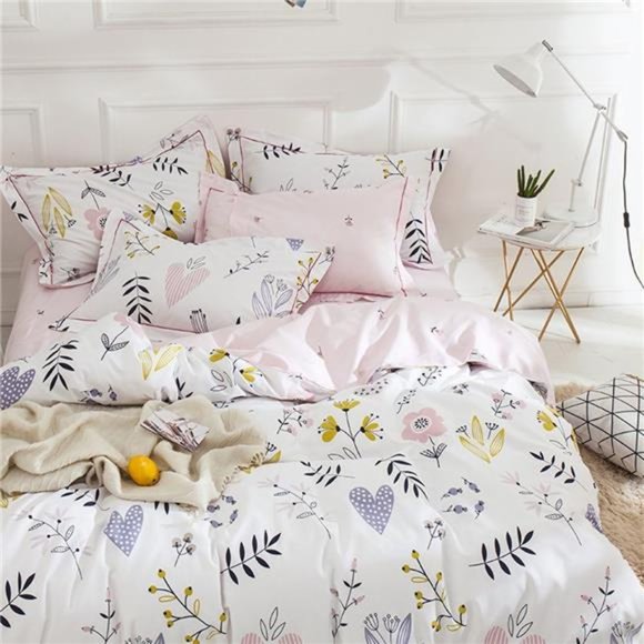 Flower Print Cotton Girls Duvet Cover Set 3Piece Pink Reversible Full BeddingSet - Picture 1 of 6